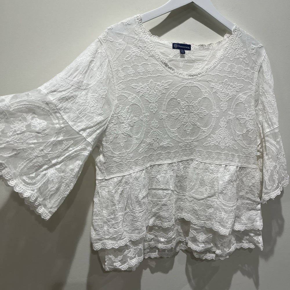Democracy bell sleeve scoop neck  peplum woven top‎ PXL White Coquette Cottage